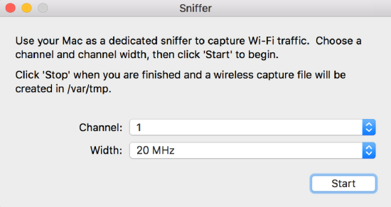 Screenshot of a the Sniffer configuration window. Channel is set to 1 and Width is set to 20 MHz.