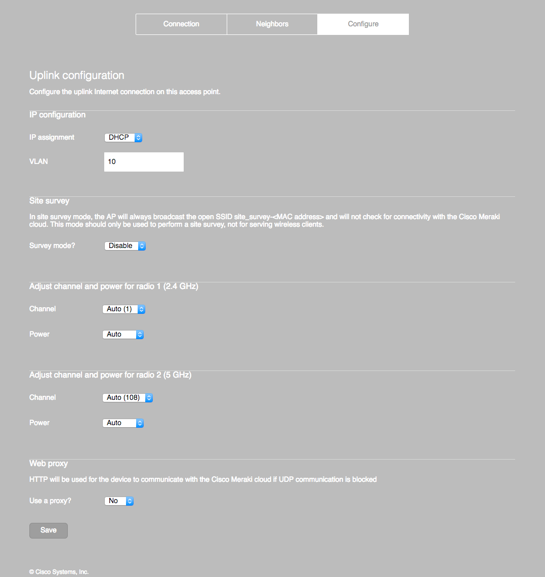 Example of an MR access point local status page. The 'Configure' tab is selected.
