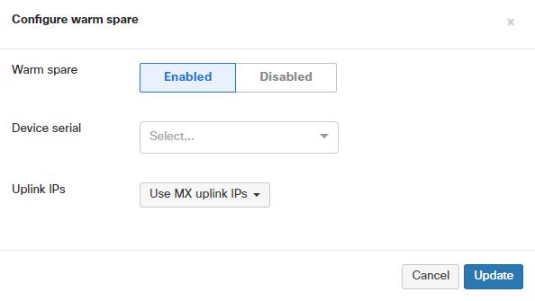 Using MX uplink IP for warm spare