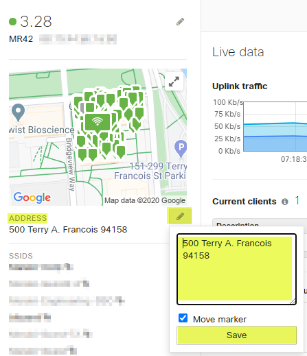 Example showing where to update the location for an AP on the Meraki Dashboard.
