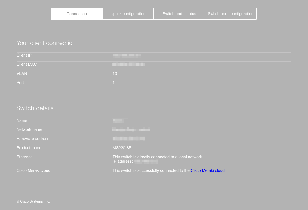 Example of an MS local status page. The 'Connection' tab is selected