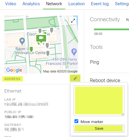 Example showing where to update the location for a MV on the Meraki Dashboard.