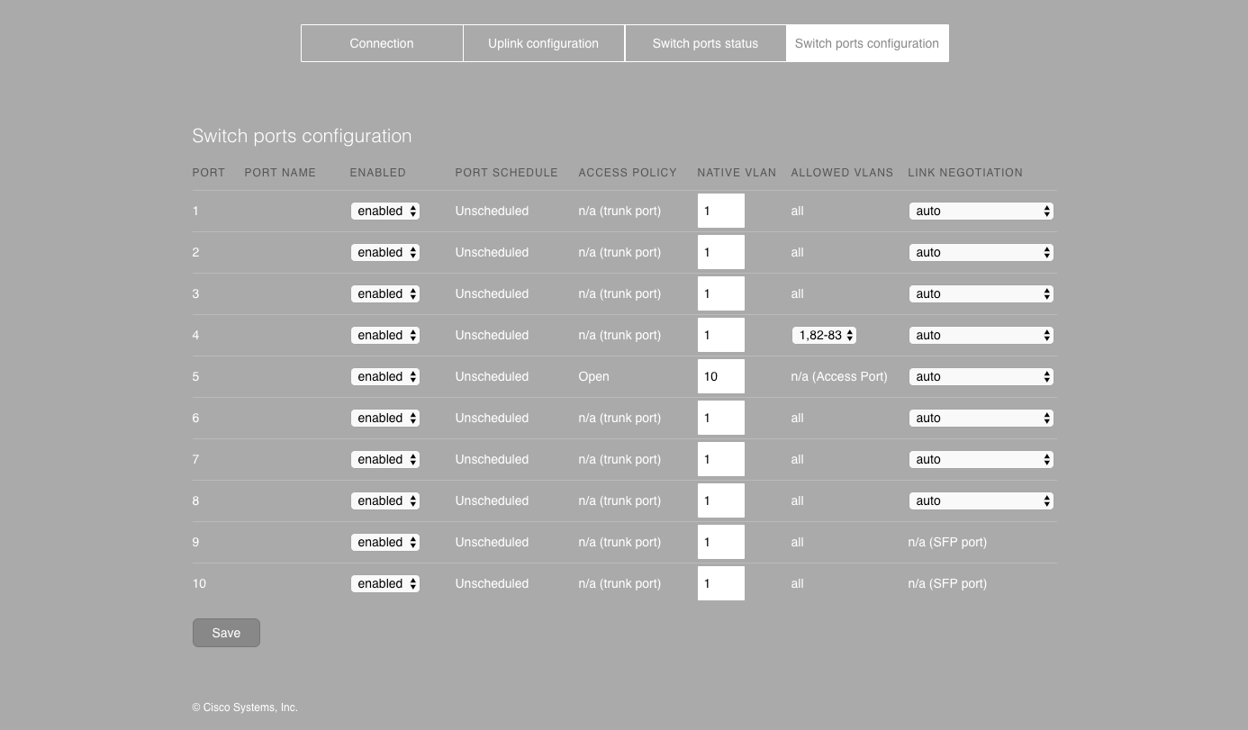 Example of an MS local status page. The 'Switch ports configuration' tab is selected