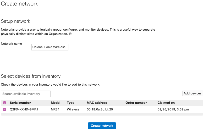 "Create a Network" page showing sample network name and one unused MR device from the organisation inventory