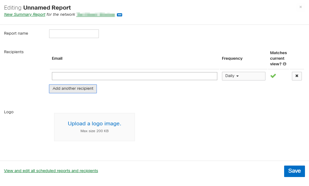 The scheduled email report menu. Includes configuration options for report name, recipients, frequency and a logo. A save button is present at the bottom-right of the image.