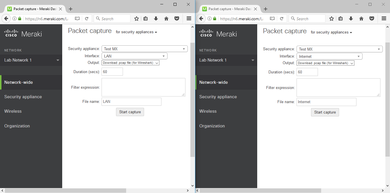 screenshot showing output selected as packet capture