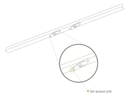 Using the dashed lines on the mount cradle template as a guide, set the proper spacing of the T-rail clips on the T-rail. Tighten the set screws on the T-rail clips to secure the clips using a 5/64”(2 mm) hex key.