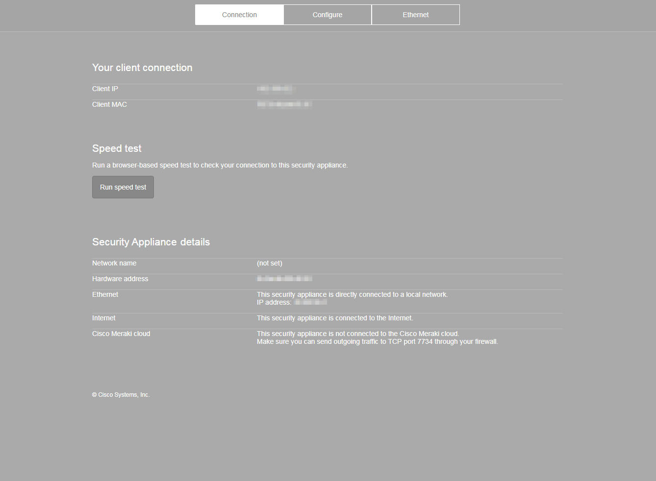 Screenshot of the LSP page from an MX showing the connection tab, showing the 'Your Client details', 'speedtest' and 'Security Appliance details'.