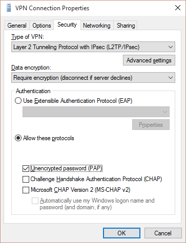 Security tab options in the VPN Connection Properties window, described in steps 1-4 above.