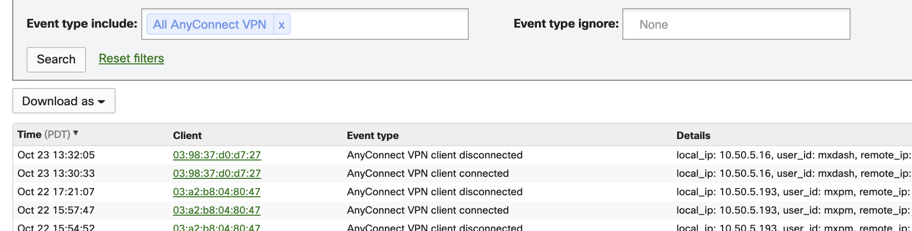 Event Log table displaying VPN client connected and VPN client disconnected events.