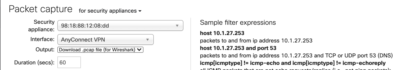 Anyconnect packet capture from Dashboard 