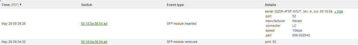 SFP module inserted or removed as seen in the event log