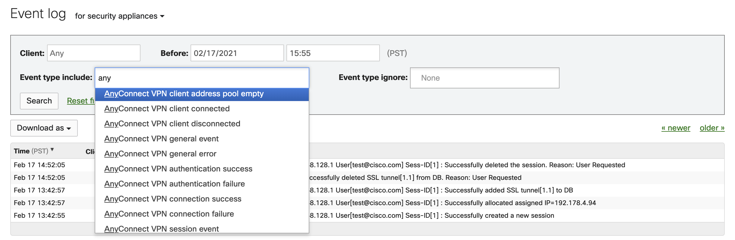 Event Log table and "Event type include" dropdown filter menu. 