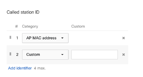 Screenshot of the Called Station options on the Access Control page that are available once RADIUS is enabled. Image shows two options, 'AP MAC Address' and 'Custom'.