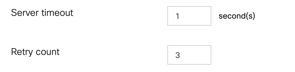 Screenshot of server timeout and Retry count timers available on the Access Control page, with the default values configured, of one and three seconds respectively
