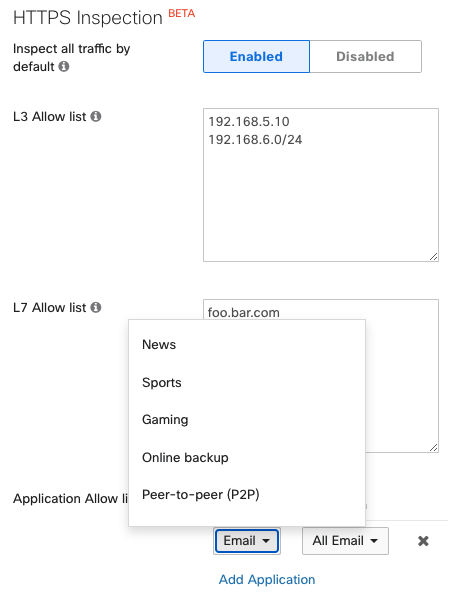 A screenshot of the HTTPSi L3 and L7 allow list UI
