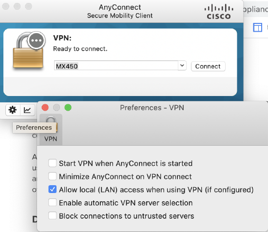 AnyConnect "Preferences - VPN" window with "Allow local LAN access when using VPN (if configured" selected).