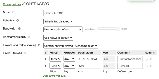 Contractor group policy page with configuration options: Name, Schedule, Bandwidth, Hostname visibility, Firewall and Traffic shaping, and Layer 3 firewall.