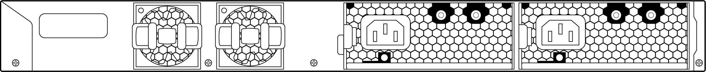 Image of an MX105's back panel showing the fan outputs on the left-hand side corner and the two power inlet on the right-hand side corner.