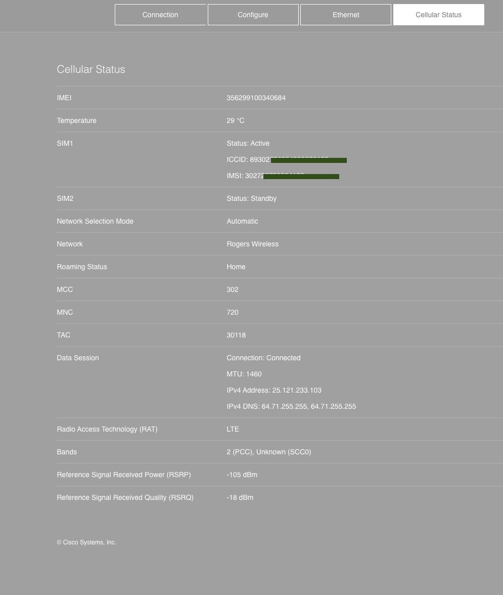 Example of MG41 local status page. The 'Cellular Status' tab is selected.