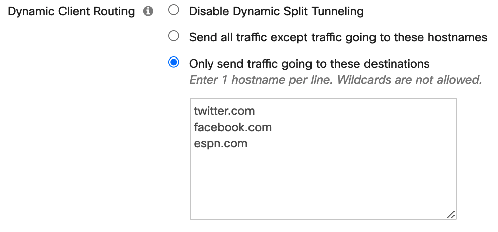 "Dynamic Client Routing" options. "Only send traffic going to these destinations" option is selected. 