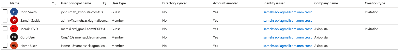 Screenshot showing the list of users created on Azure AD and the columns are Name, User principal name, User Type, Directory synced, account enabled, identity issuer, company name and creation type.