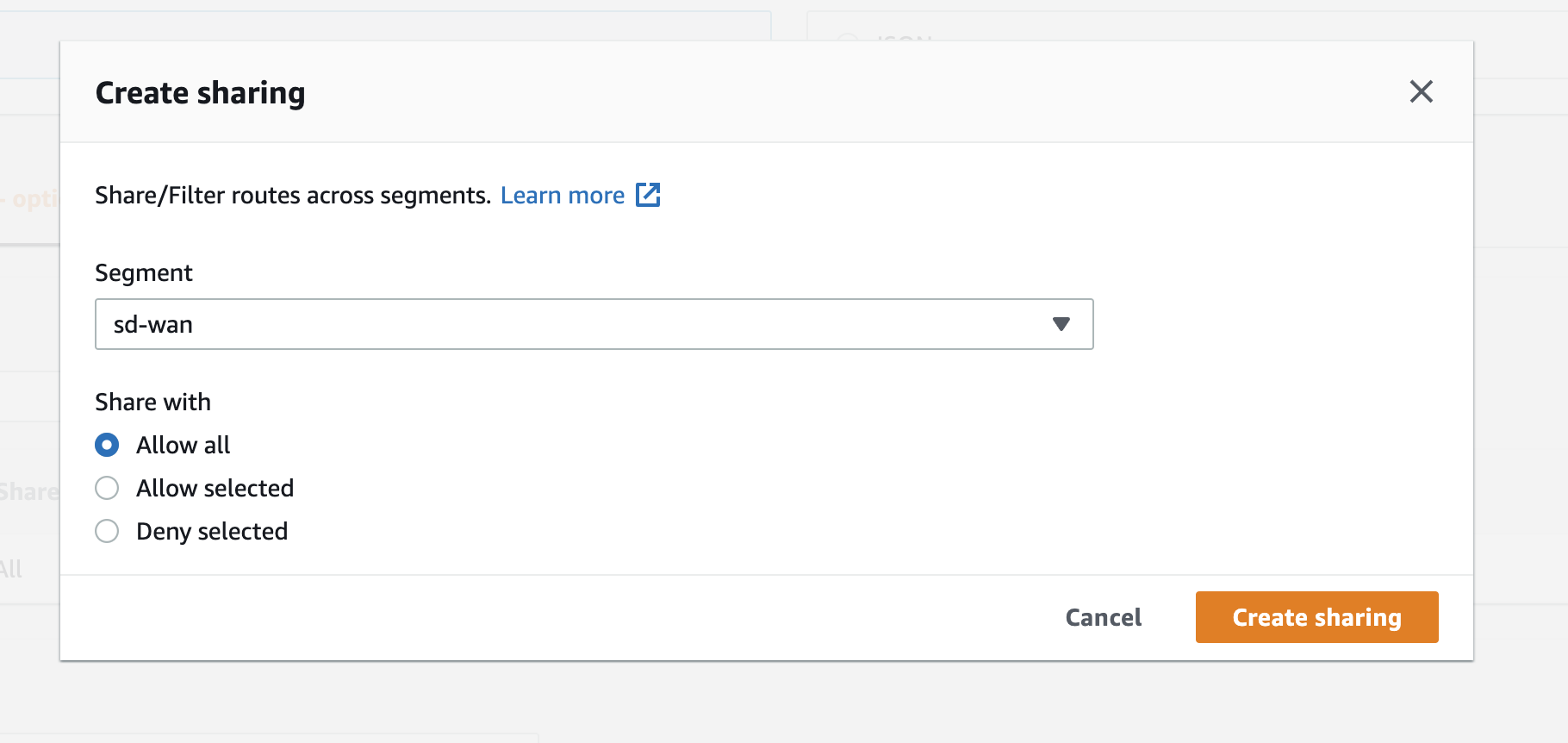 Screenshot from AWS with the create sharing options.