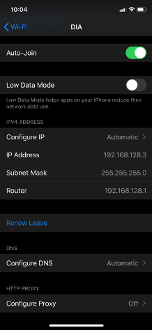 iOS Wi-Fi connection showing a device connected to the SSID DIA, it receives an IP on VLAN1.