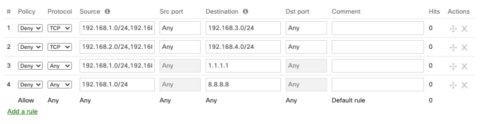 Screenshot from dashboard Security and SD-WAN > firewall > L3_rules with four rules in place without network objects.