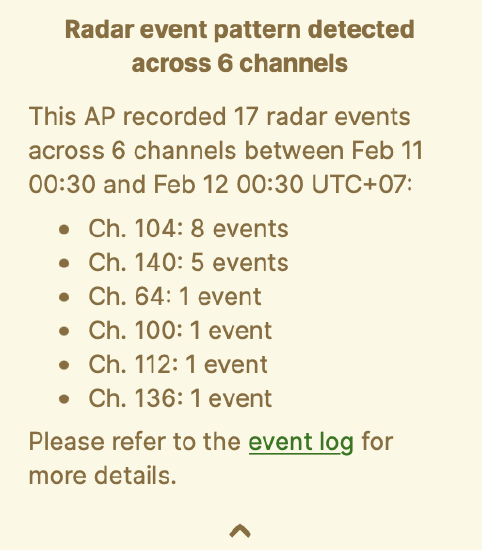 "Radar event pattern detected across 6 channels" alert seen in AP's device/summary page in the Dashboard UI