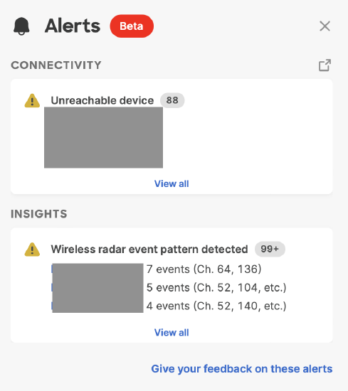 Network alerts section of the Dashboard showing "Wireless radar event pattern detected"