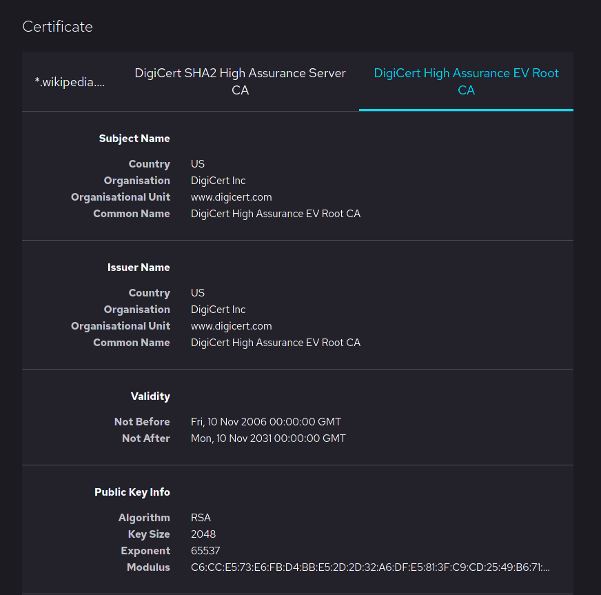 Example of a certificate titled "DigiCert High Assurance EV Root CA."