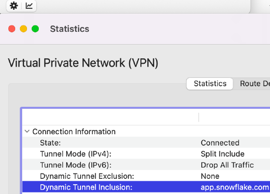  Dynamic Tunnel Exclusion and Inclusion fields under the VPN tab of the Statistics window of the AnyConnect Client