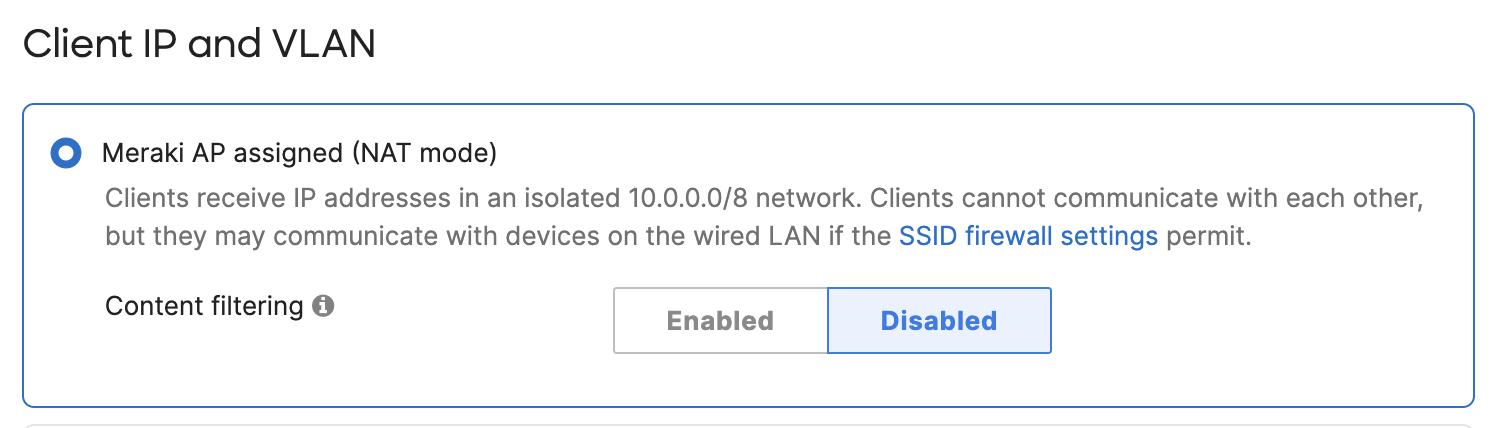 Screenshot of the "Client IP and VLAN" section of the "Wireless > Access Control" page. NAT mode is selected.