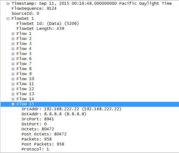 Screenshot of Wireshark CFLOW output of example contents of multiple flow updates in a single packet.