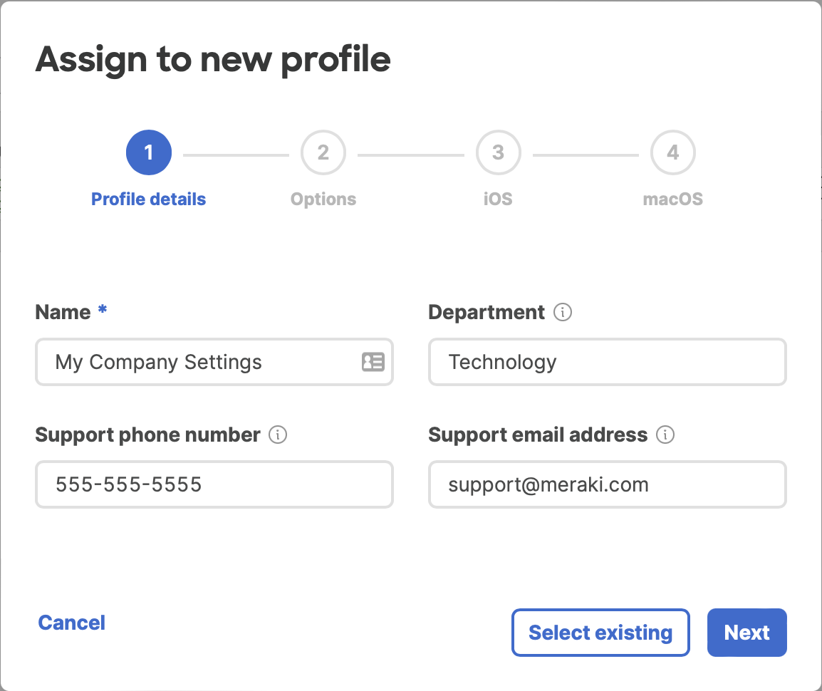 Shows the first step in creating an ADE profile via the Dashboard on the ADE page showing the 'Profile Details' section. All the options outlined in this document are present in this image.
