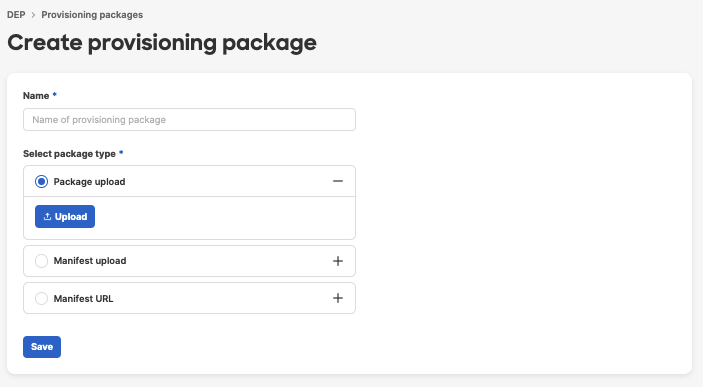 Shows the settings that are presented when creating a provisioning profile for ADE. These settings include name, package type, and an option to upload a file