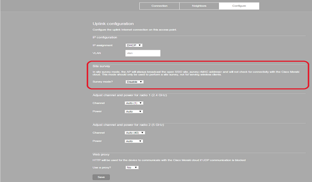 Local Status Page settings updated to enable 'site survey mode'