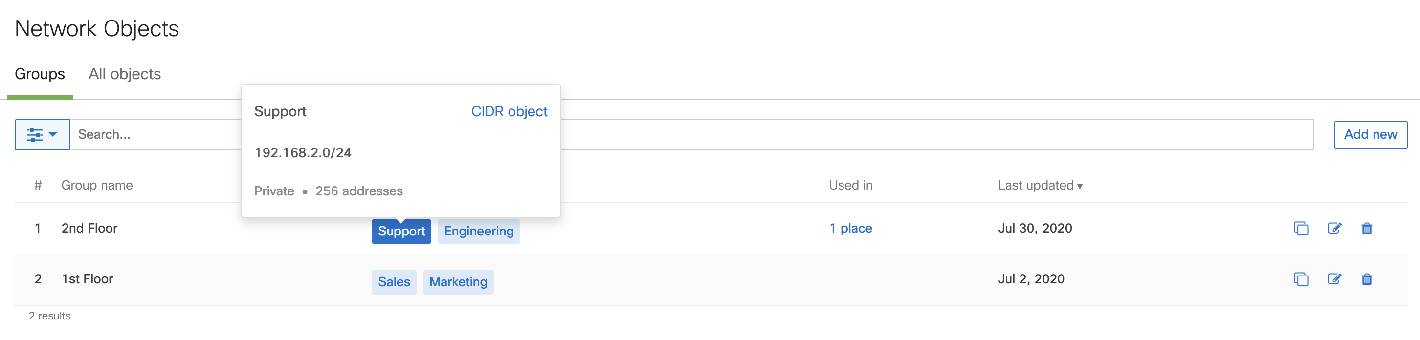 Screenshot from dashboard Organization > Configure > Network Objects.