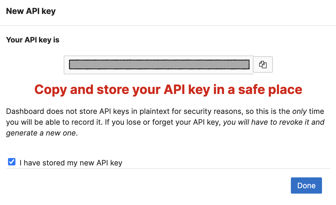 Image of new API key and confirmation message
