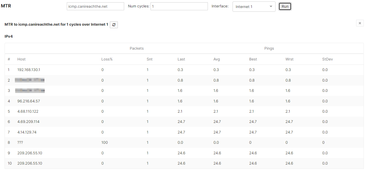 Screenshot of live tools MTR test