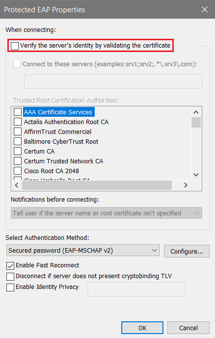 Screenshot of Protected EAP Properties when connecting red box is highlighting the box Verify the server's identity by validating the certificate and the Trusted Root Certification Authorities AAA Certificate Services is highlighted in blue while the Select Authentication Method has Secured password (EAP-MSCHAP v2) chosen with the box checked for Enable fast Reconnect.png