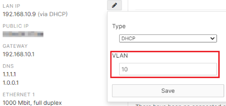 Screenshot of the status page of an AP. The pencil icon next to LAN IP is selected to open an IP configuration window. Type is set to DHCP and VLAN is set to 10.