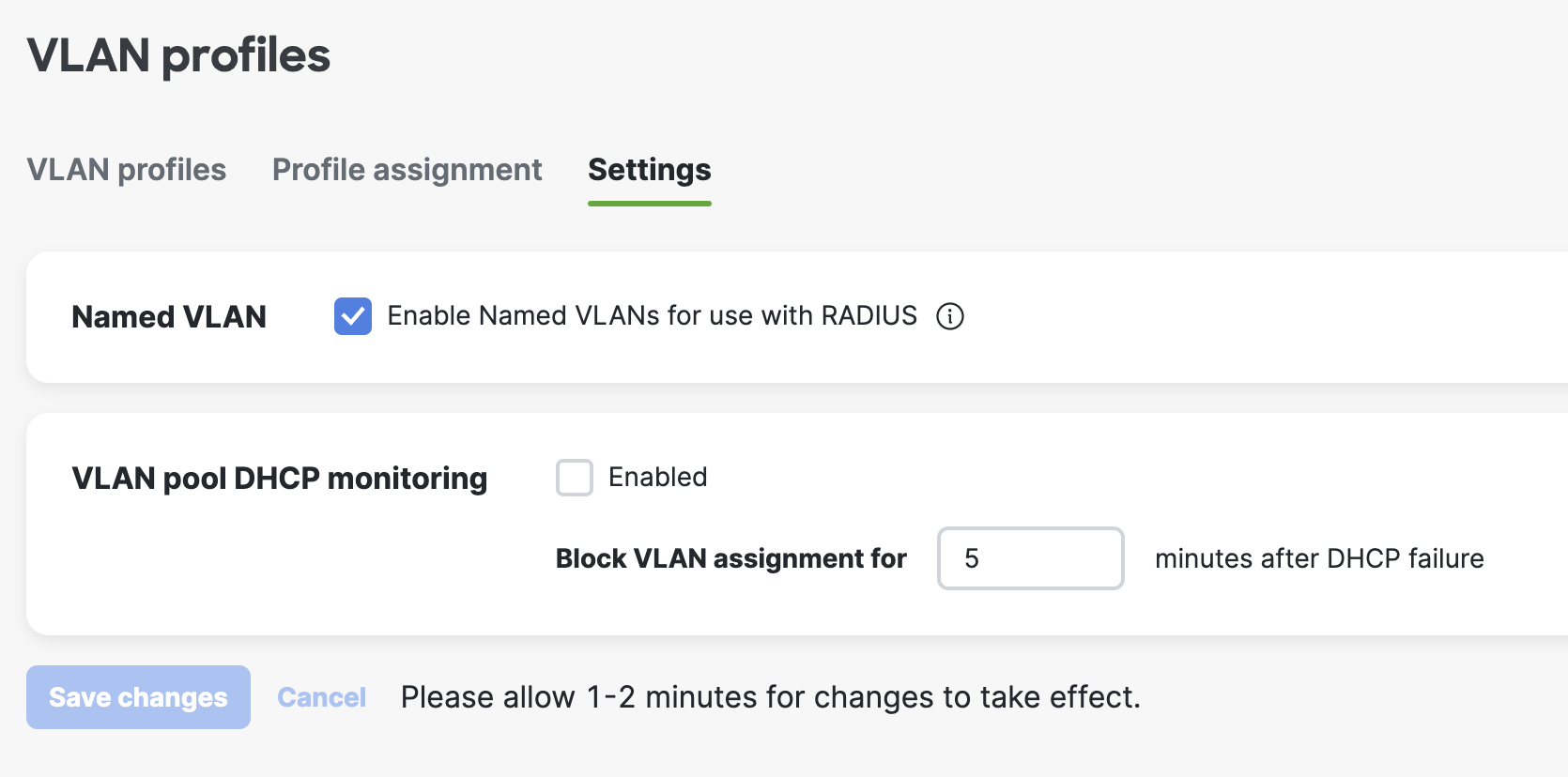 VLAN profiles setting page where the setting 'Enable Named VLANs for use with RADIUS' has been selected