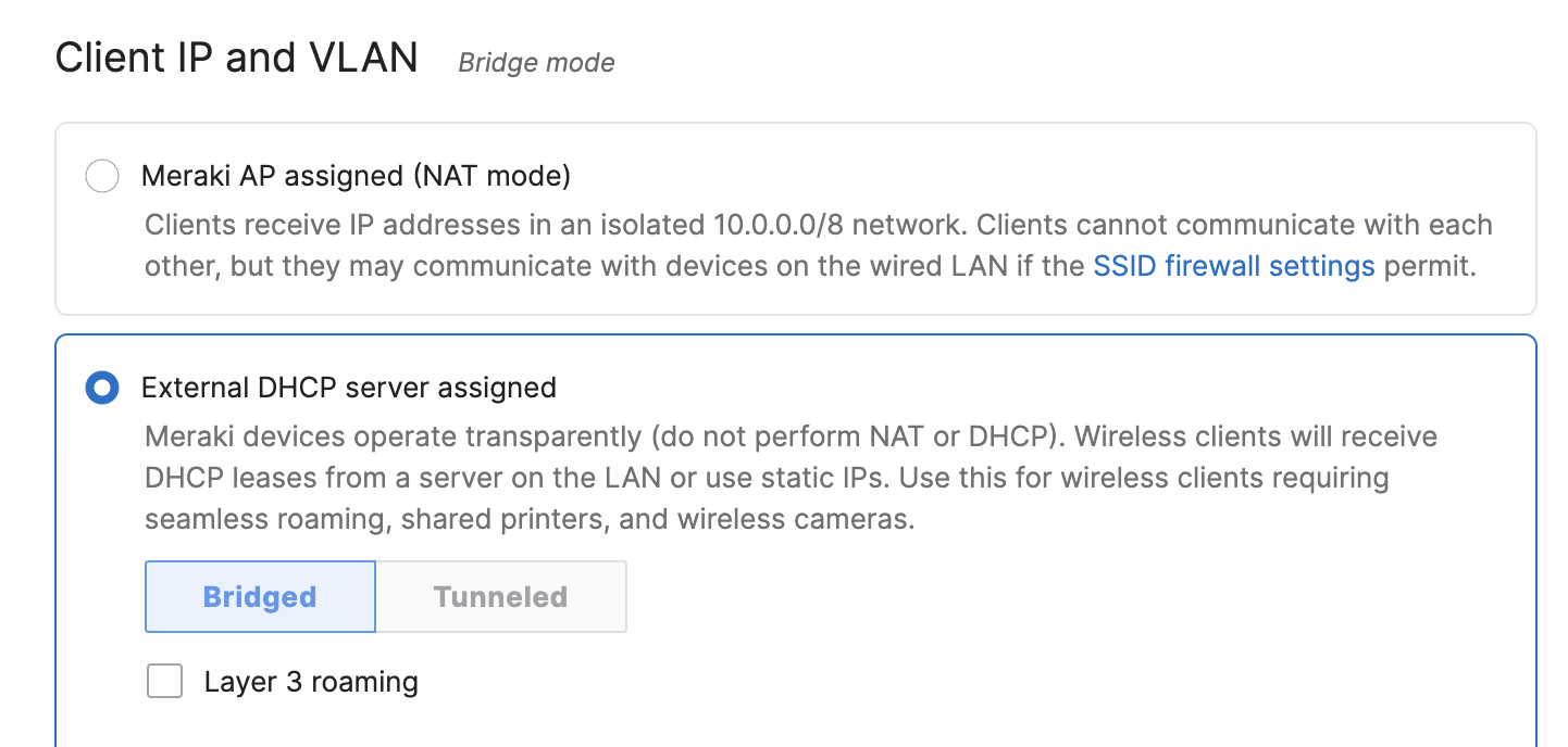 External DHCP set to Bridge mode in Dashboard Access Control settings