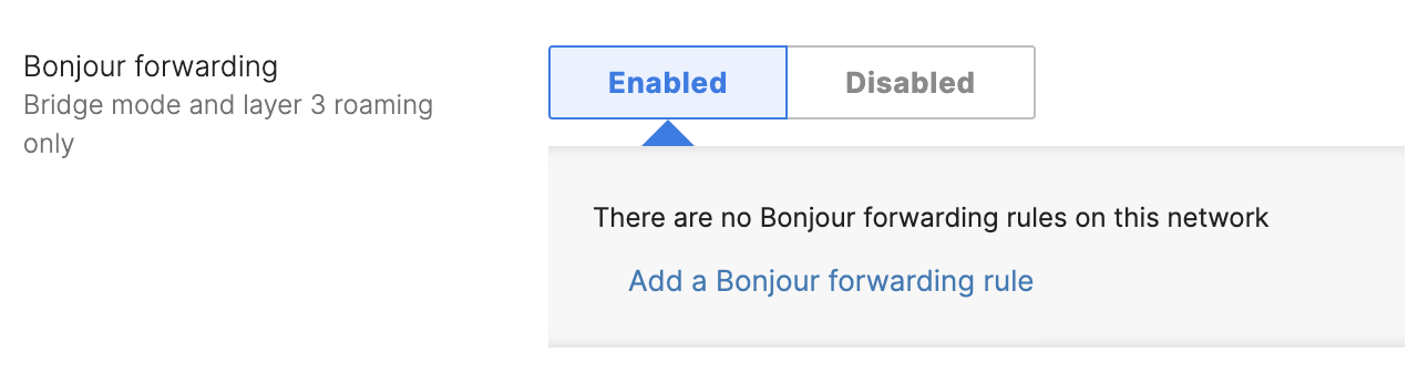 Bonjour forwarding enabled with option to Add new Bonjour rules visible in Dashboard Access Control settings