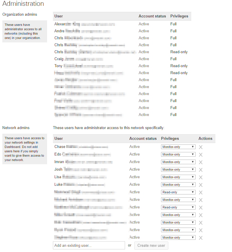 Example shows that all Organization and network administrators can be managed from a single page for a combined network.