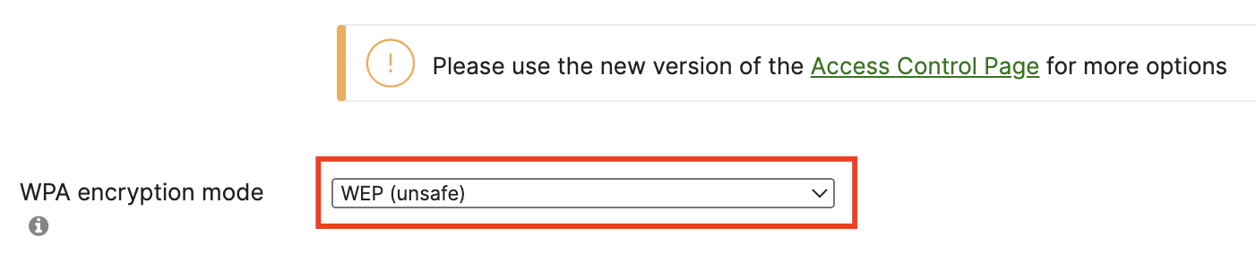 The picture shows WPA encryption mode set to "WEP (unsafe)"