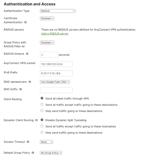 AnyConnect Settings tab on the Client VPN page showing Authentication and Access configuration options.