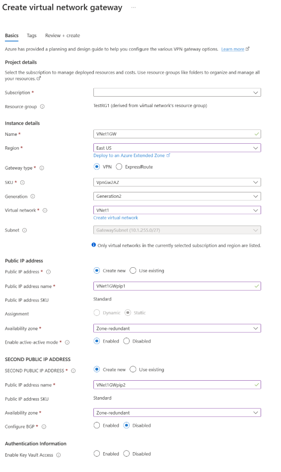 Screenshot of the Azure configuration window that appears when creating a virtual network gateway.